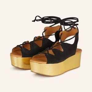 See By Chloe Black Suede Lace-Up Platform Wedges with Gold Platform